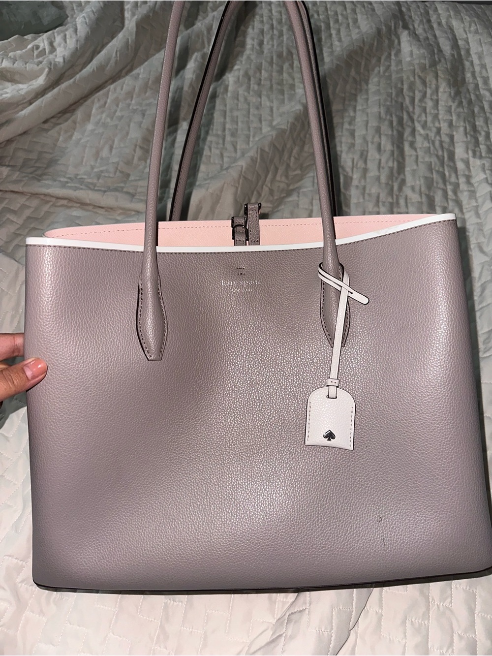 kate spade gray tote with pink interior trim